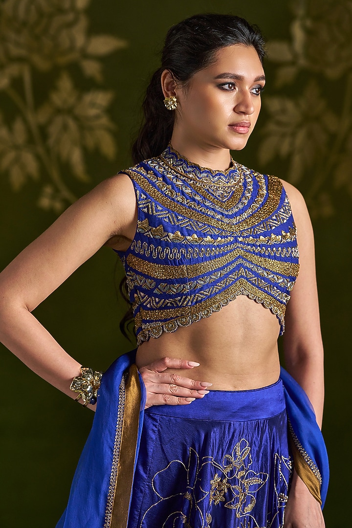 Royal Blue Silk Embroidered Wedding Lehenga Set by Almaari by Pooja Patel at Pernia's Pop Up Shop