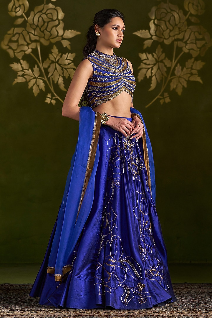 Royal Blue Silk Embroidered Wedding Lehenga Set by Almaari by Pooja Patel at Pernia's Pop Up Shop