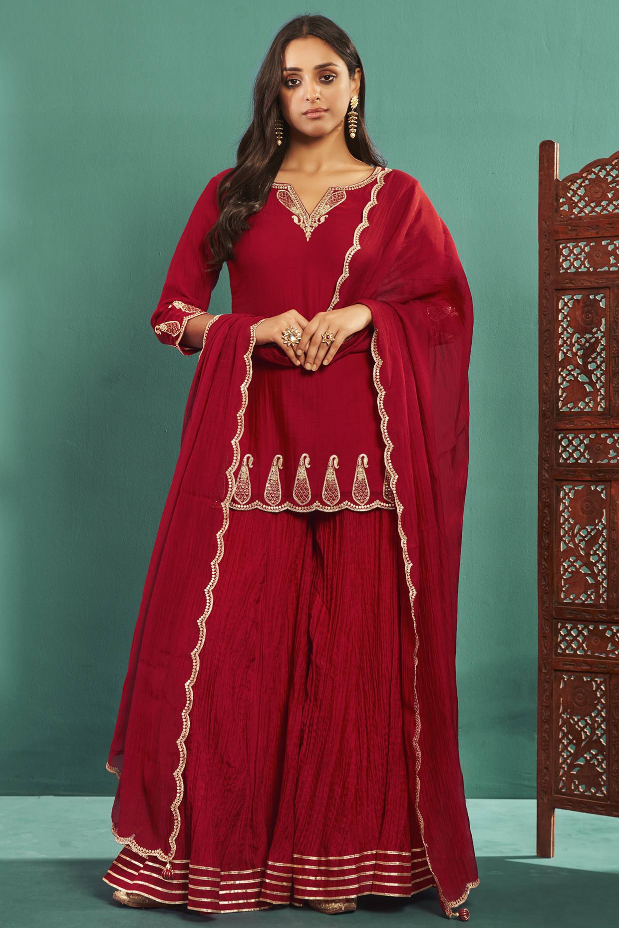 Cherry Red Soft Chanderi Party Wear Sharara Set by Almaari by Pooja Patel at Pernia's Pop Up Shop