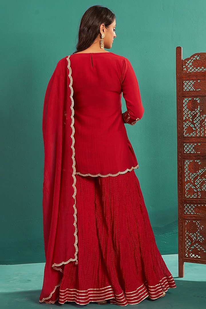 Cherry Red Soft Chanderi Party Wear Sharara Set by Almaari by Pooja Patel at Pernia's Pop Up Shop