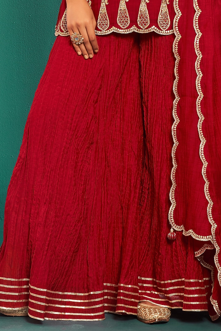 Cherry Red Soft Chanderi Party Wear Sharara Set by Almaari by Pooja Patel at Pernia's Pop Up Shop