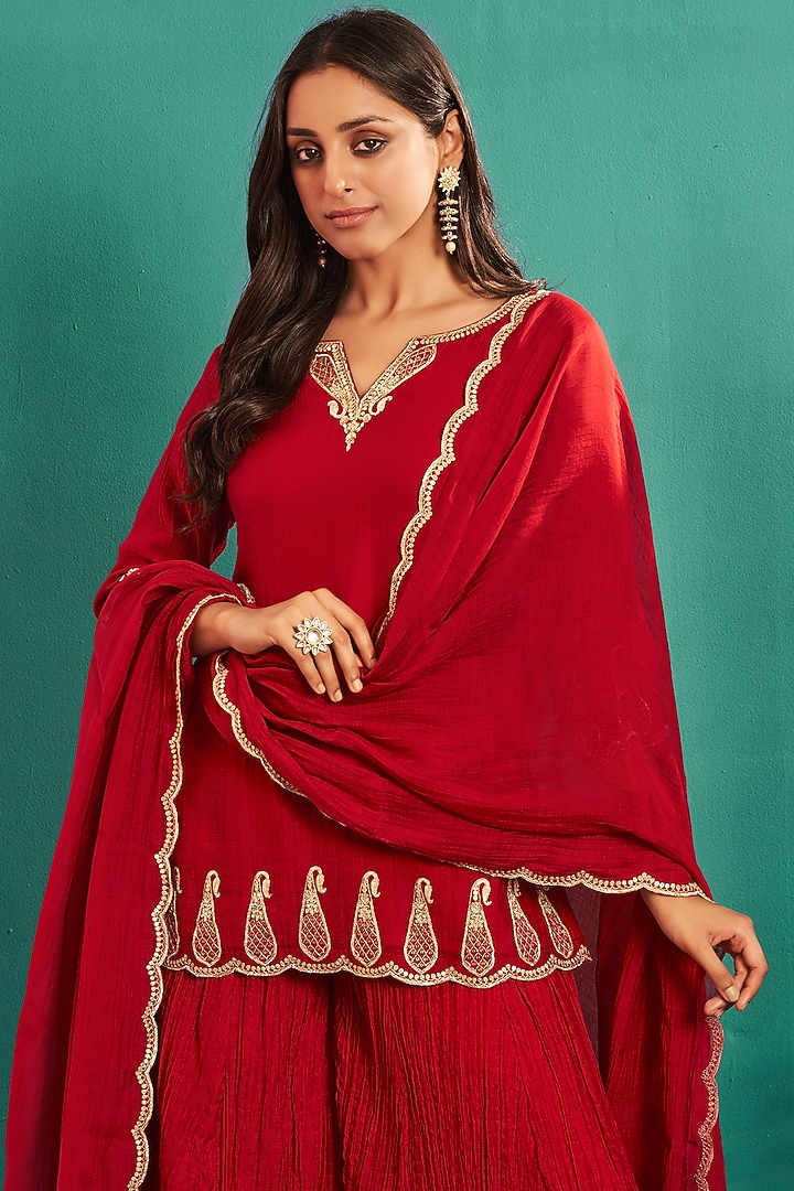 Cherry Red Soft Chanderi Party Wear Sharara Set by Almaari by Pooja Patel at Pernia's Pop Up Shop
