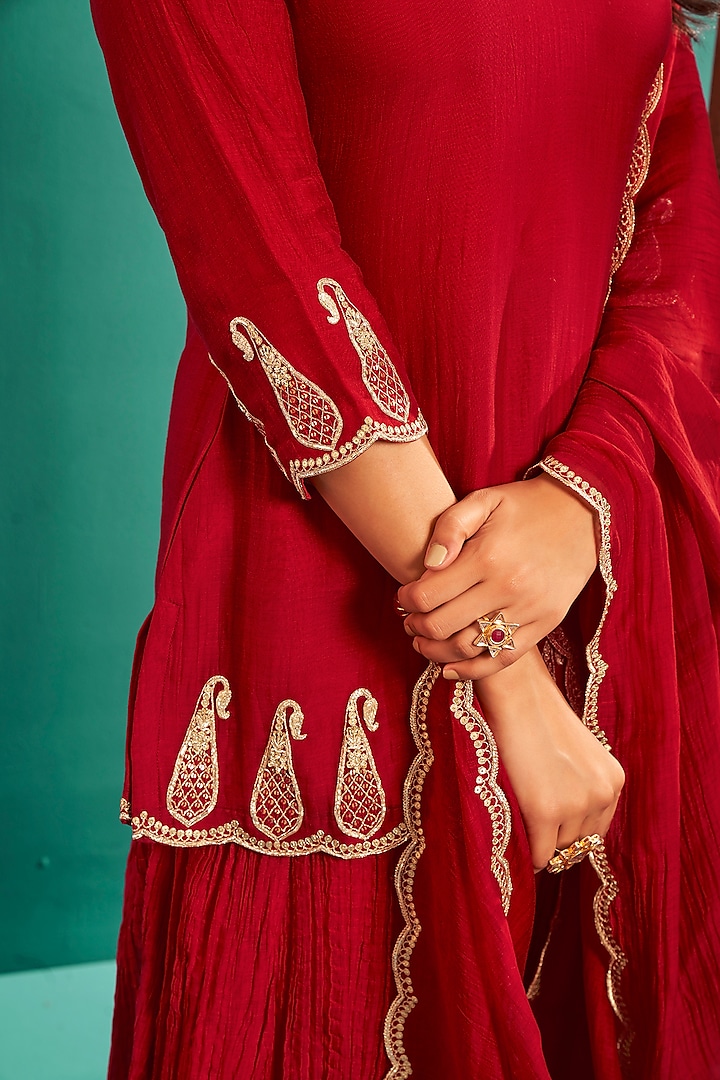 Cherry Red Soft Chanderi Party Wear Sharara Set by Almaari by Pooja Patel at Pernia's Pop Up Shop