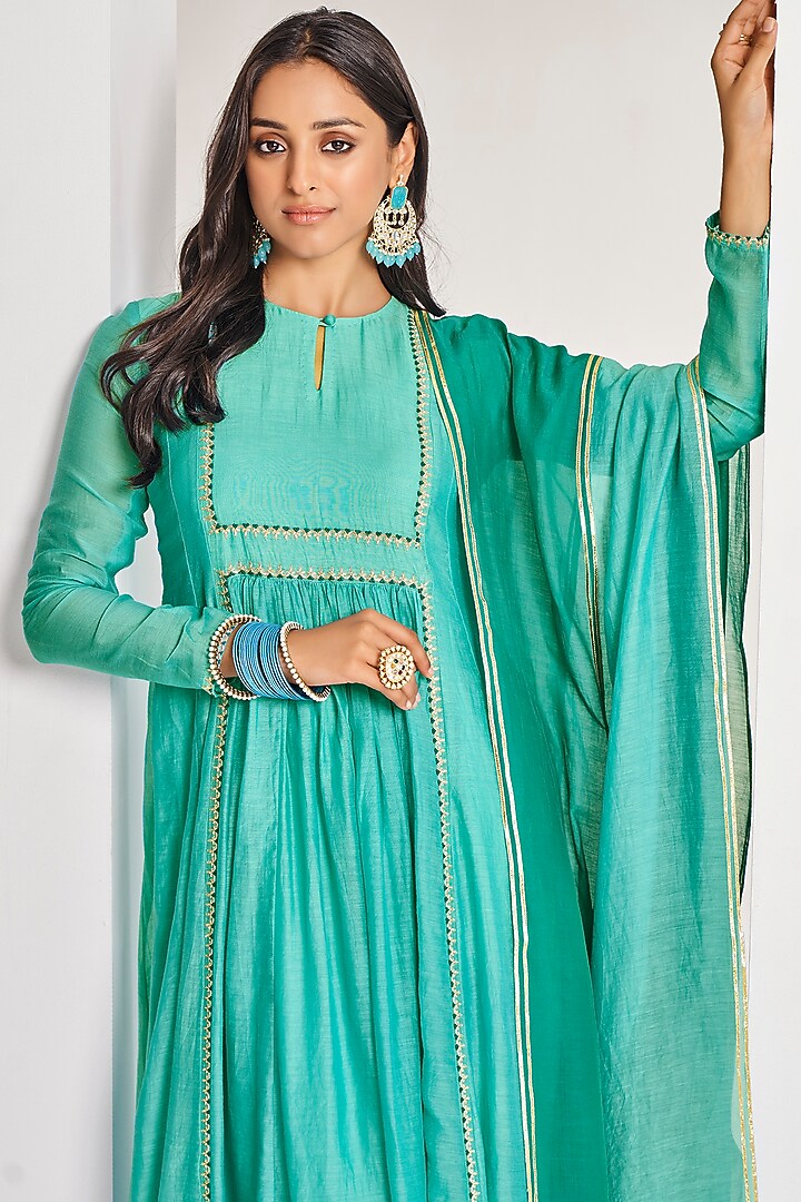 Aqua Green Soft Chanderi Embroidered Anarkali Set by Almaari by Pooja ...