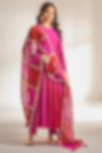 Hot Pink & Cherry Red Soft Chanderi Embroidered Party Wear Anarkali Set by Almaari by Pooja Patel at Pernia's Pop Up Shop