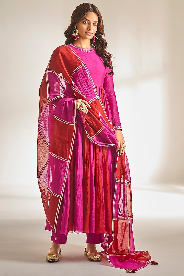 Hot Pink & Cherry Red Soft Chanderi Embroidered Party Wear Anarkali Set by Almaari by Pooja Patel at Pernia's Pop Up Shop