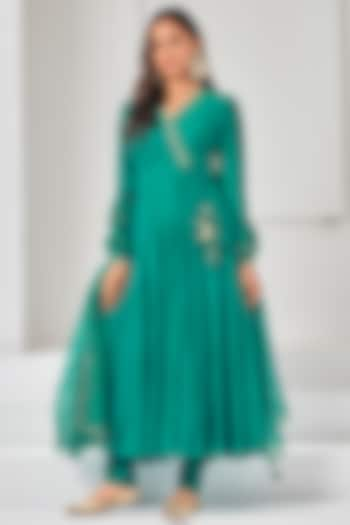 Pine Green Soft Chanderi & Stretch Cotton Anarkali Set by Almaari by Pooja Patel at Pernia's Pop Up Shop