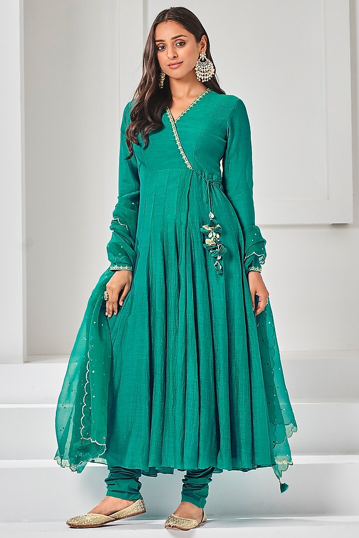 Pine Green Soft Chanderi & Stretch Cotton Anarkali Set by Almaari by Pooja Patel at Pernia's Pop Up Shop