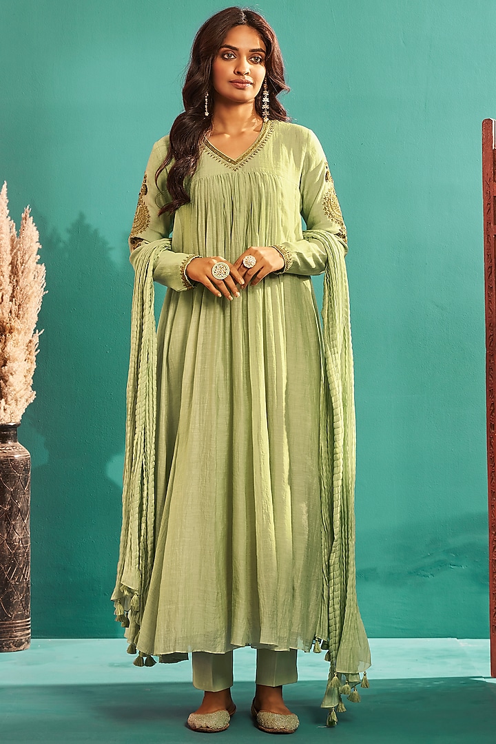 Mint Green Soft Chanderi Embroidered Anarkali Set by Almaari by Pooja Patel at Pernia's Pop Up Shop