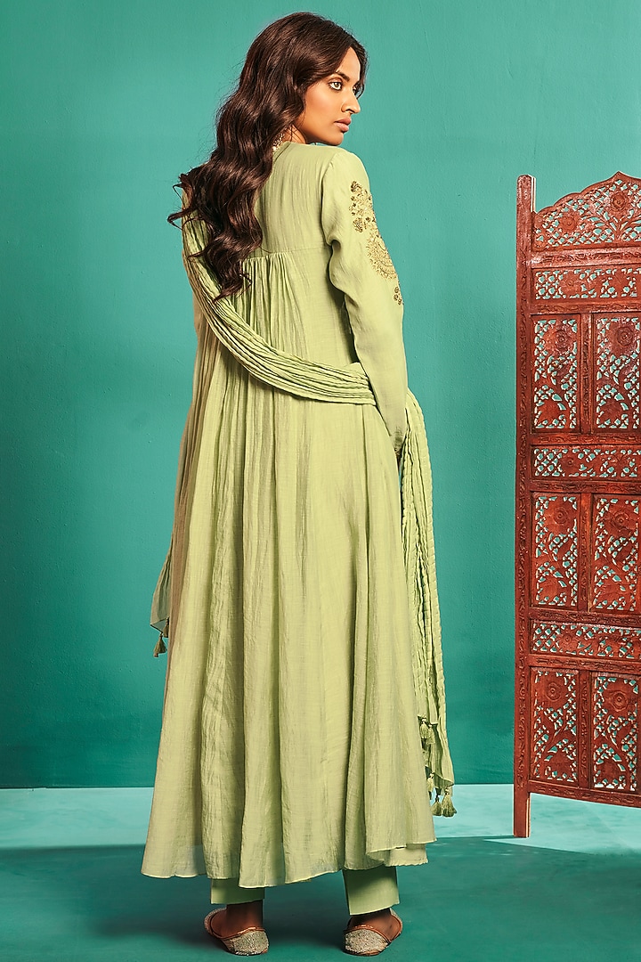 Mint Green Soft Chanderi Embroidered Party Wear Anarkali Set by Almaari by Pooja Patel at Pernia's Pop Up Shop