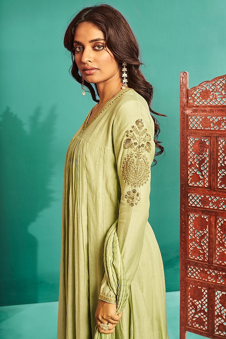 Mint Green Soft Chanderi Embroidered Party Wear Anarkali Set by Almaari by Pooja Patel at Pernia's Pop Up Shop