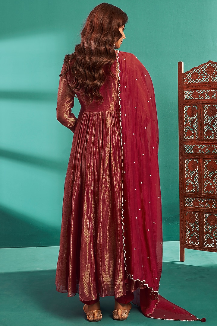 Red Flat Silk & Chanderi Embroidered Party Wear Anarkali Set by Almaari by Pooja Patel at Pernia's Pop Up Shop