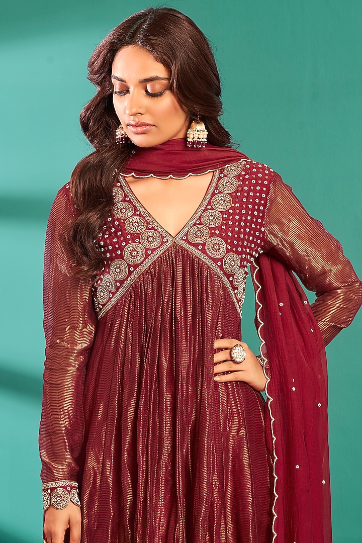 Red Flat Silk & Chanderi Embroidered Party Wear Anarkali Set by Almaari by Pooja Patel at Pernia's Pop Up Shop