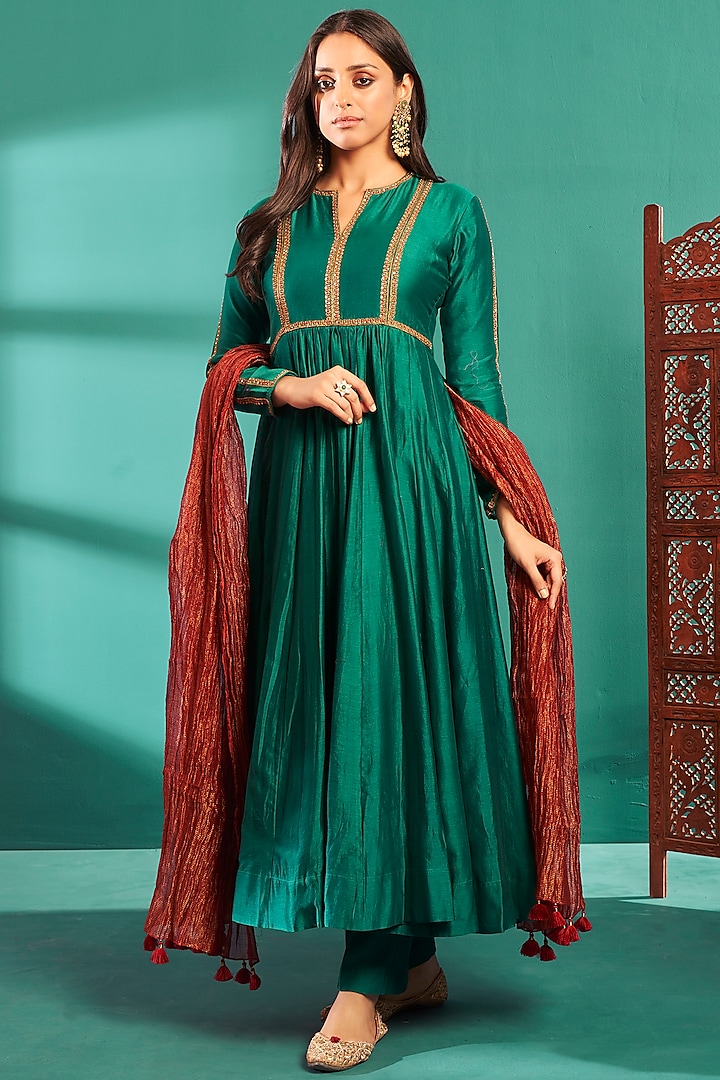 Green Soft Chanderi Embroidered Anarkali Set by Almaari by Pooja Patel