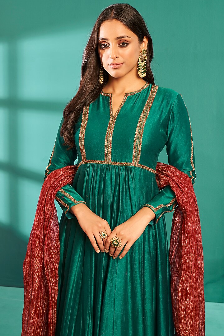 Green Soft Chanderi Embroidered Anarkali Set Design by Almaari by Pooja ...