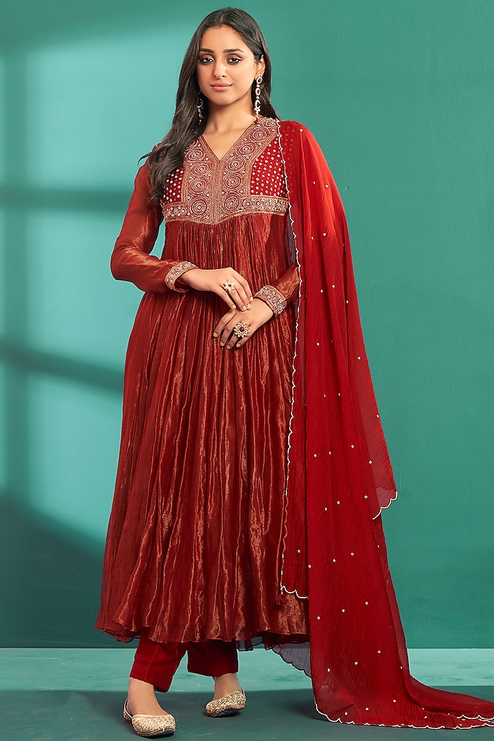Red Flat Silk & Chanderi Embroidered Anarkali Set by Almaari by Pooja Patel