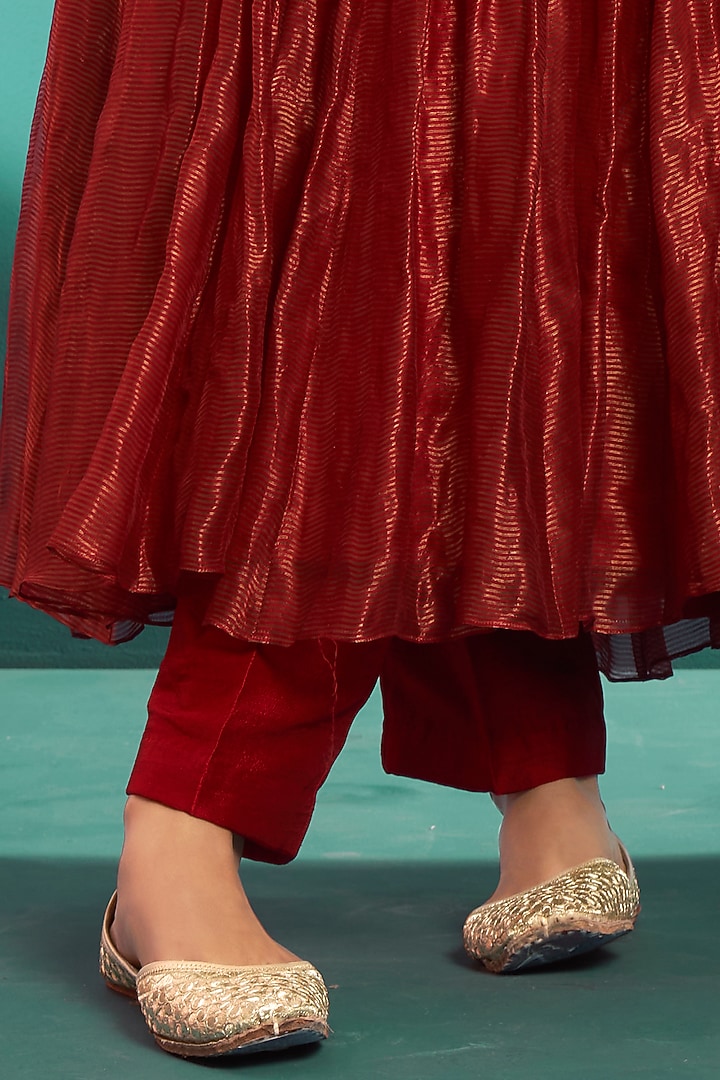 Red Flat Silk & Chanderi Embroidered Wedding Anarkali Set by Almaari by Pooja Patel at Pernia's Pop Up Shop