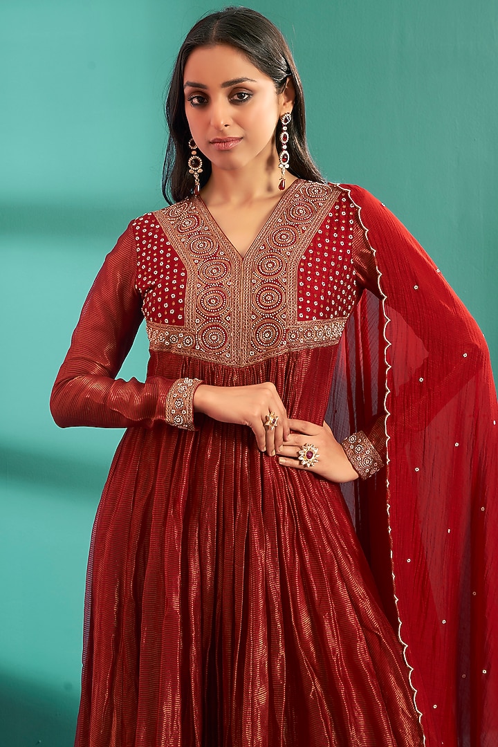 Red Flat Silk & Chanderi Embroidered Wedding Anarkali Set by Almaari by Pooja Patel at Pernia's Pop Up Shop