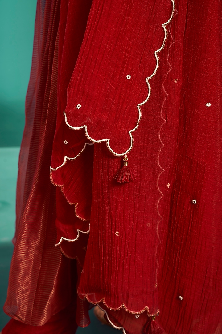Red Flat Silk & Chanderi Embroidered Wedding Anarkali Set by Almaari by Pooja Patel at Pernia's Pop Up Shop