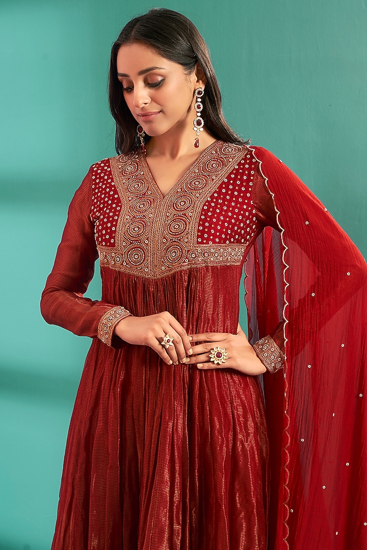 Red Flat Silk & Chanderi Embroidered Wedding Anarkali Set by Almaari by Pooja Patel at Pernia's Pop Up Shop
