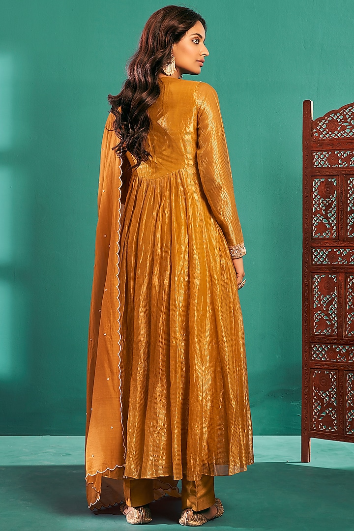 Mustard Yellow Flat Silk & Chanderi Embroidered Wedding Anarkali Set by Almaari by Pooja Patel at Pernia's Pop Up Shop