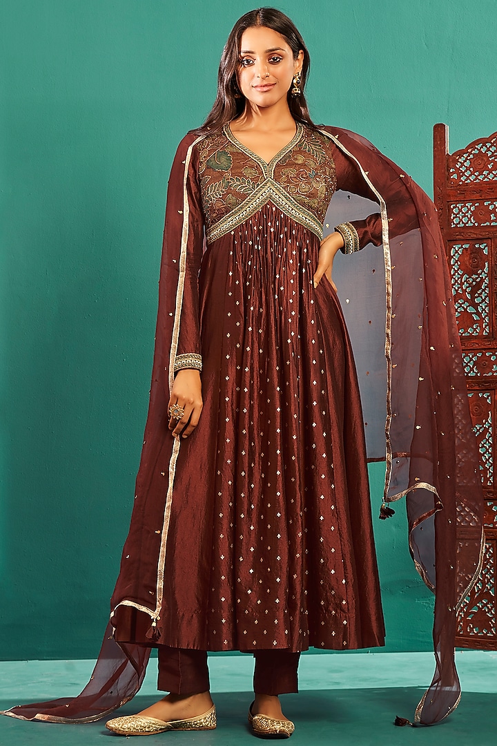 Syrup Brown Chiniya Silk & Flat Silk Embroidered Anarkali Set by Almaari by Pooja Patel
