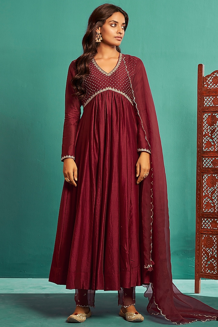 Maroon Chanderi Silk Embroidered Anarkali Set by Almaari by Pooja Patel