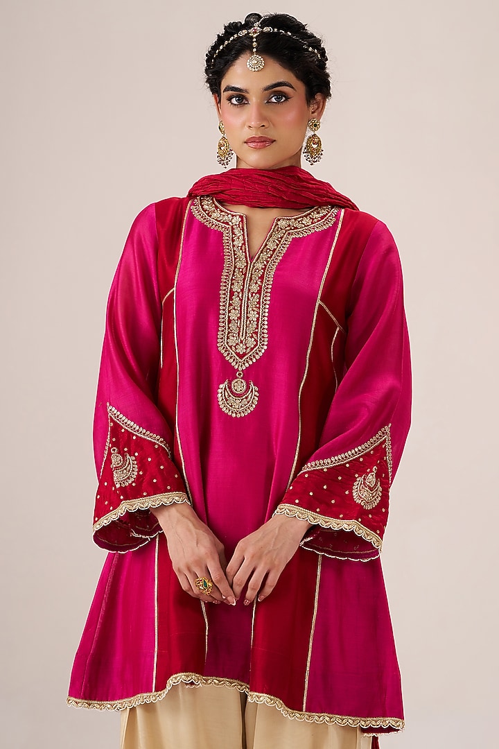 Pink & Red Pure Chanderi Pearl Embroidered Short Kurta Set by Almaari by Pooja Patel at Pernia's Pop Up Shop