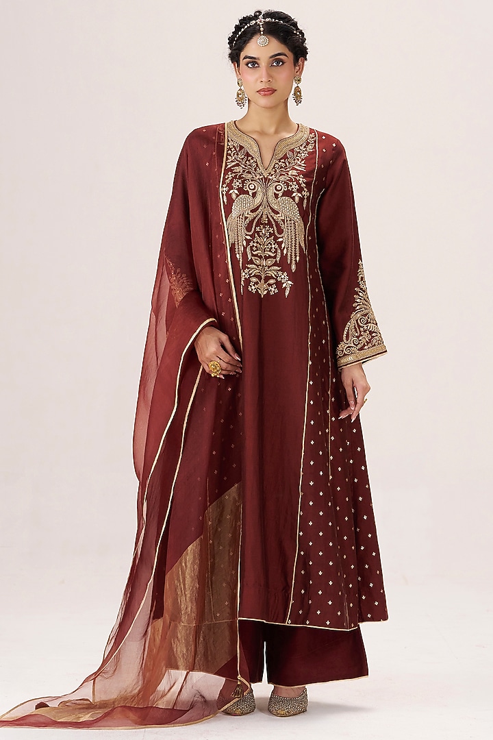Brown Chiniya Silk Sequin & Pearl Embroidered Kurta Set by Almaari by Pooja Patel at Pernia's Pop Up Shop