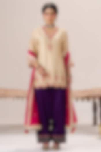 Beige Pure Chanderi Pearl Embroidered Kurta Set by Almaari by Pooja Patel at Pernia's Pop Up Shop