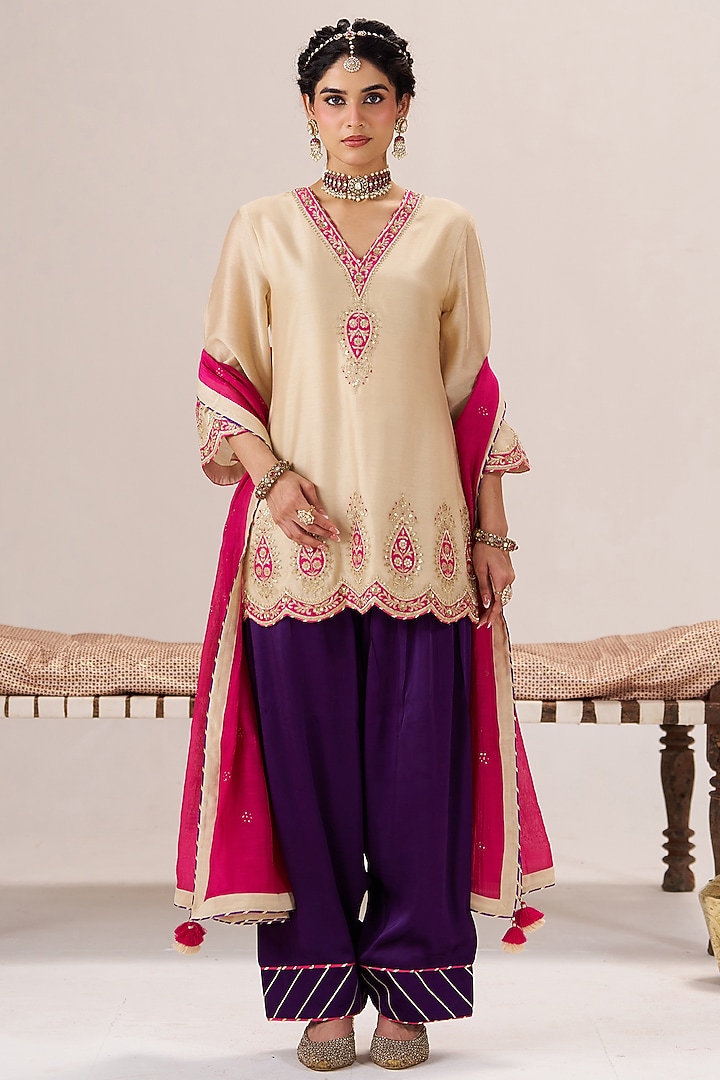 Beige Pure Chanderi Pearl Embroidered Kurta Set by Almaari by Pooja Patel at Pernia's Pop Up Shop