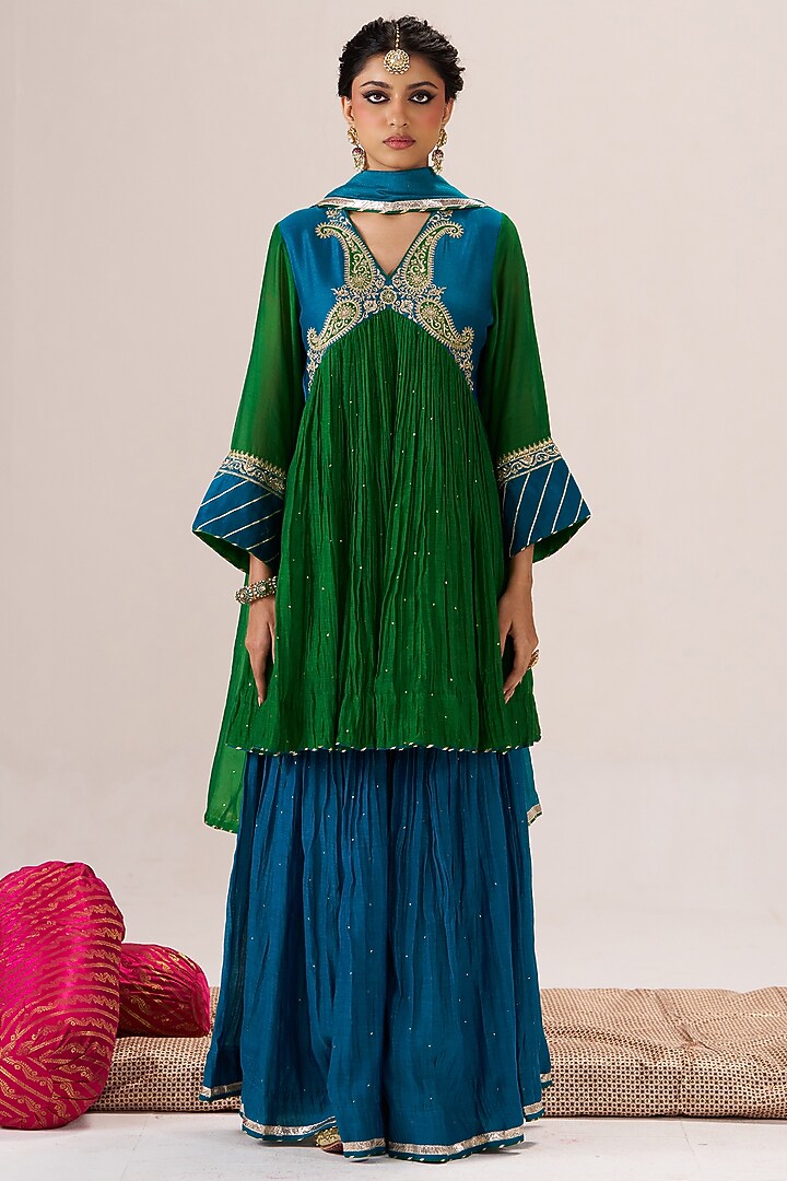 Blue Chanderi Silk Party Wear Sharara Set by Almaari by Pooja Patel at Pernia's Pop Up Shop