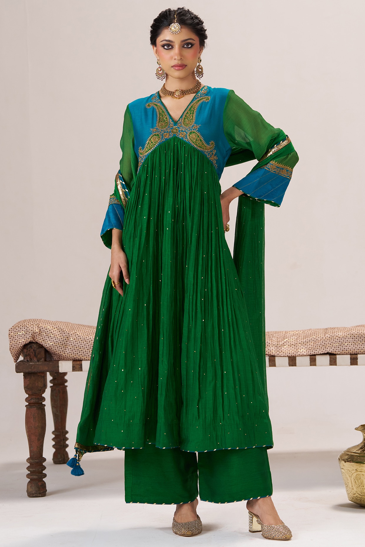 Almaari by Pooja Patel Rama Green Pure Chanderi Pearl Embroidered Kurta Set