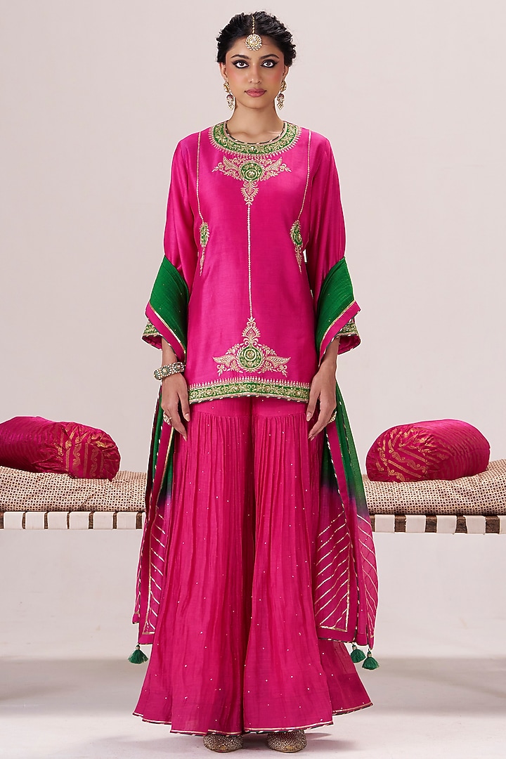 Pink Chanderi Silk Wedding Sharara Set by Almaari by Pooja Patel at Pernia's Pop Up Shop