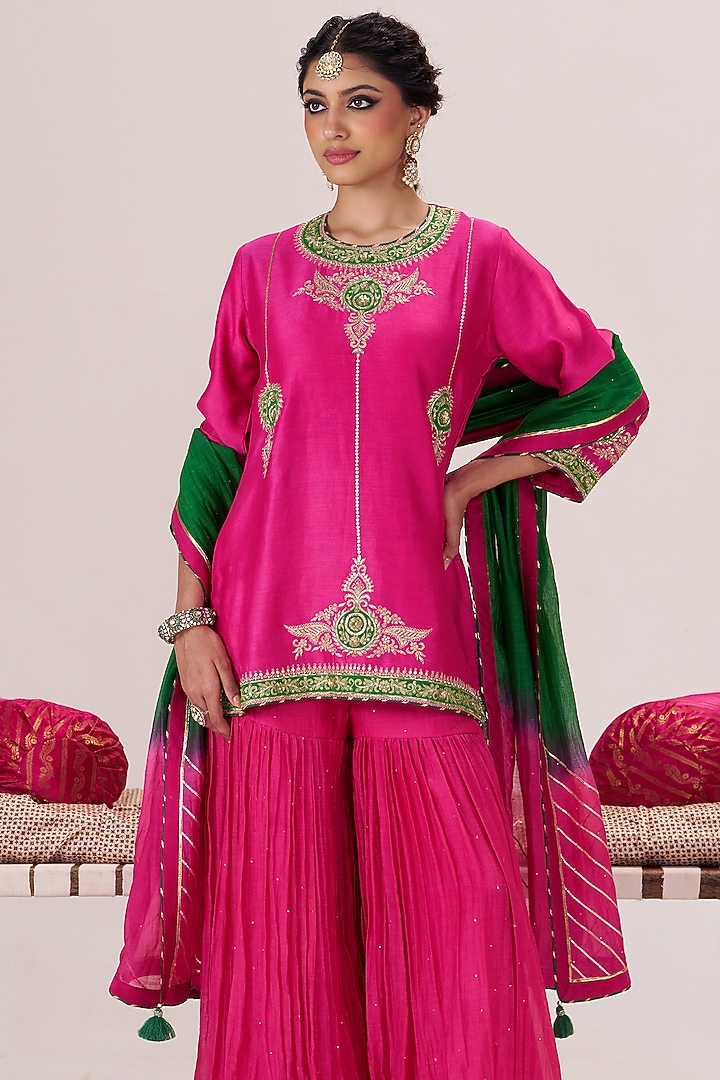 Pink Chanderi Silk Wedding Sharara Set by Almaari by Pooja Patel at Pernia's Pop Up Shop