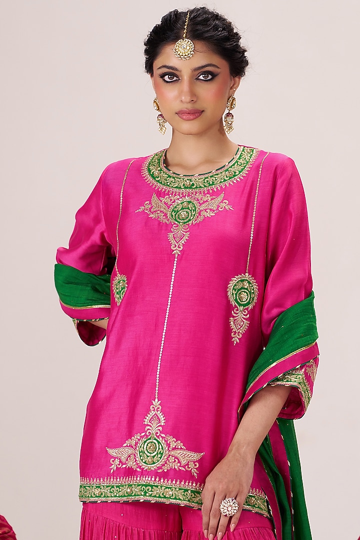 Pink Chanderi Silk Wedding Sharara Set by Almaari by Pooja Patel at Pernia's Pop Up Shop