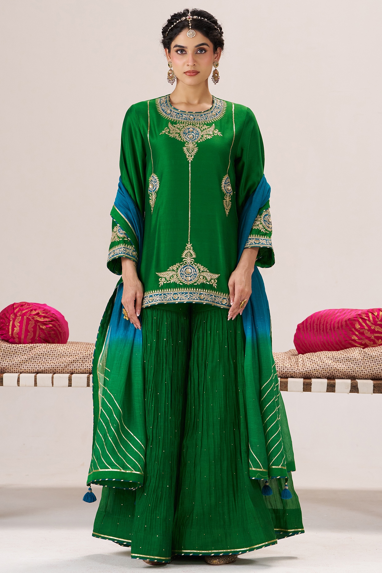 Almaari by Pooja Patel Green Chanderi Silk Sharara Set