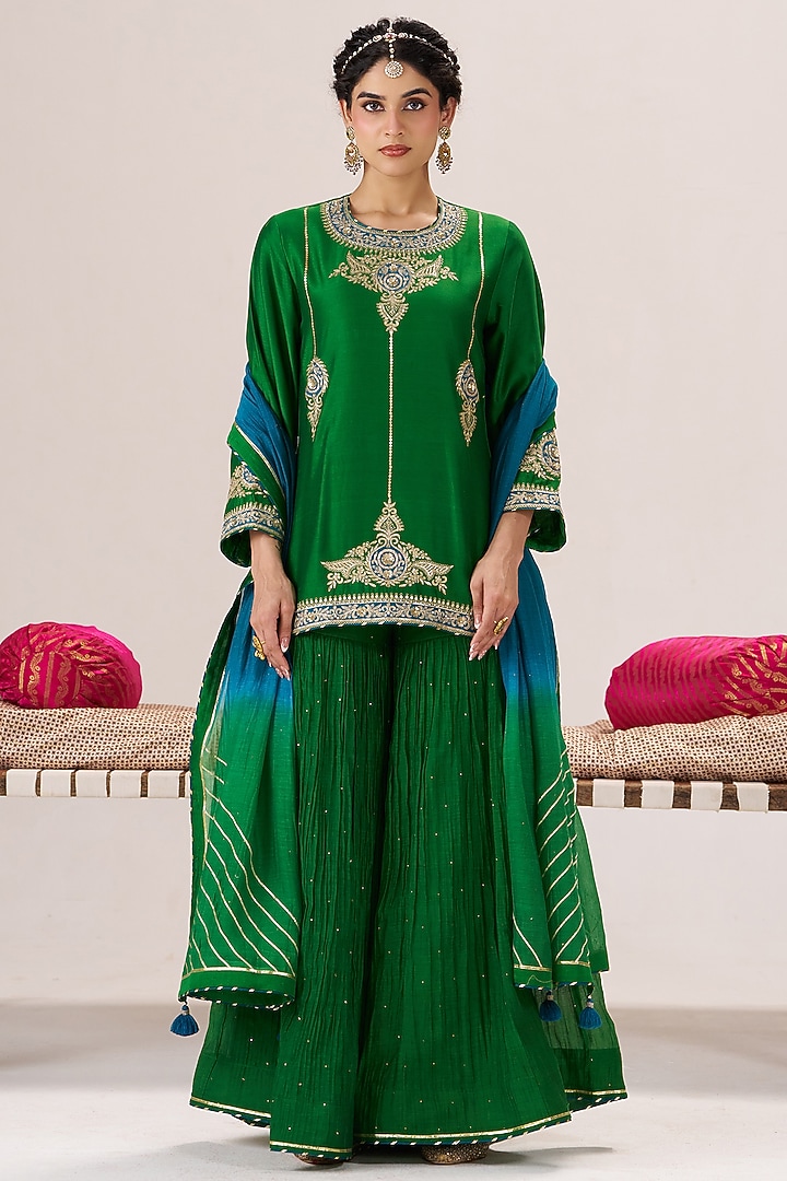 Green Chanderi Silk Wedding Sharara Set by Almaari by Pooja Patel at Pernia's Pop Up Shop