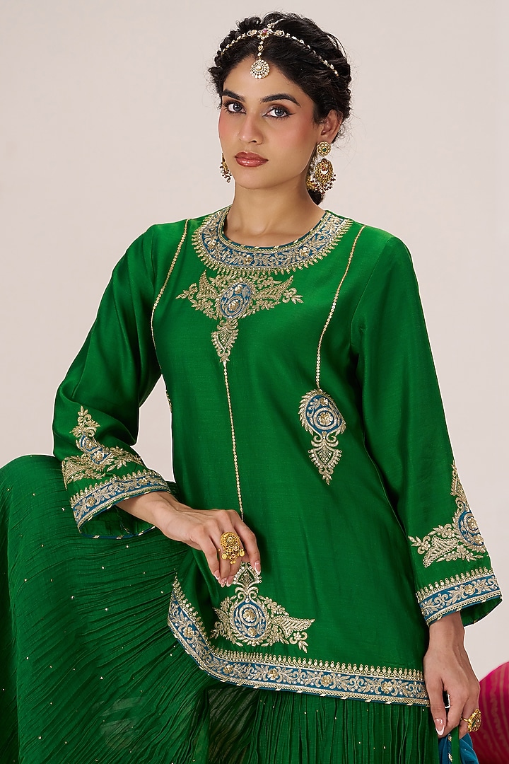Green Chanderi Silk Wedding Sharara Set by Almaari by Pooja Patel at Pernia's Pop Up Shop