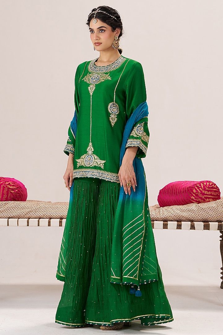 Green Chanderi Silk Wedding Sharara Set by Almaari by Pooja Patel at Pernia's Pop Up Shop