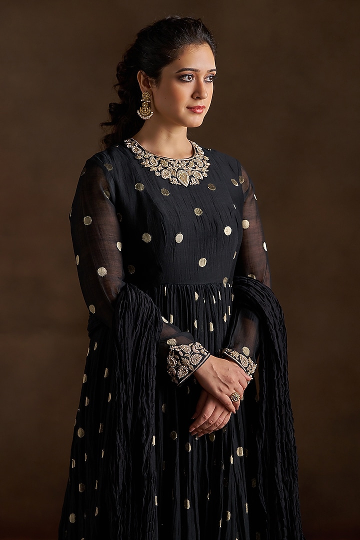Black Chanderi Sequins Embroidered Party Wear Anarkali Set by Almaari by Pooja Patel at Pernia's Pop Up Shop