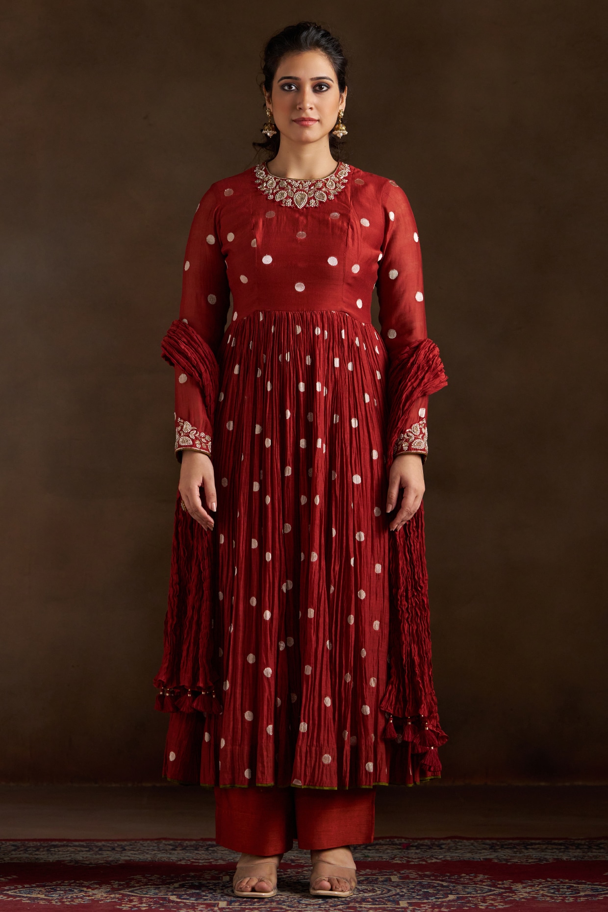 Almaari by Pooja Patel Rust Chanderi Sequins Embroidered Anarkali Set