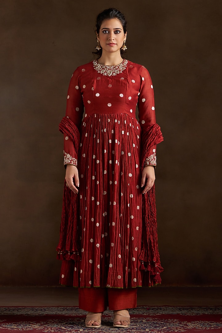 Rust Chanderi Sequins Embroidered Party Wear Anarkali Set by Almaari by Pooja Patel at Pernia's Pop Up Shop