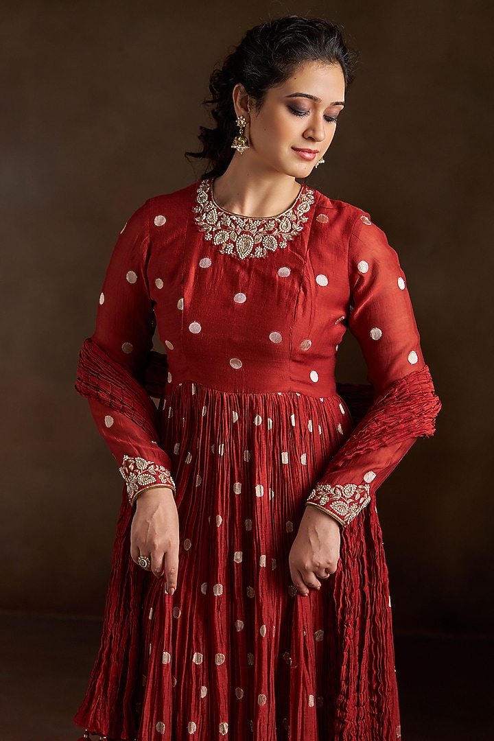 Rust Chanderi Sequins Embroidered Party Wear Anarkali Set by Almaari by Pooja Patel at Pernia's Pop Up Shop