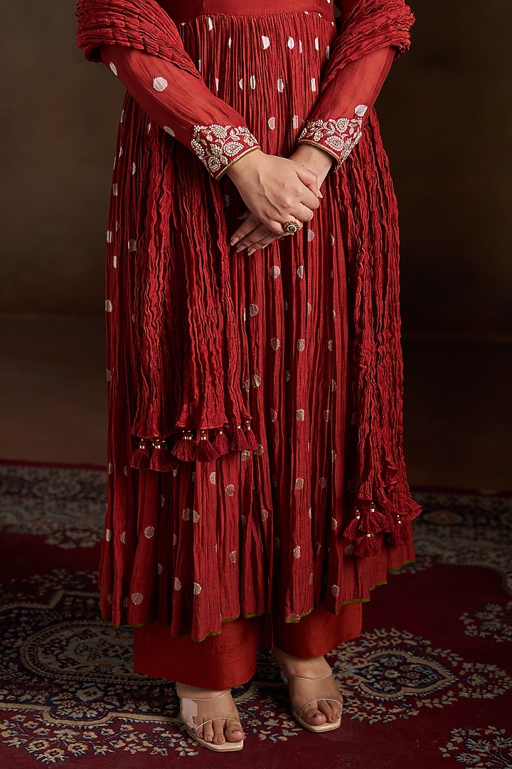 Rust Chanderi Sequins Embroidered Party Wear Anarkali Set by Almaari by Pooja Patel at Pernia's Pop Up Shop