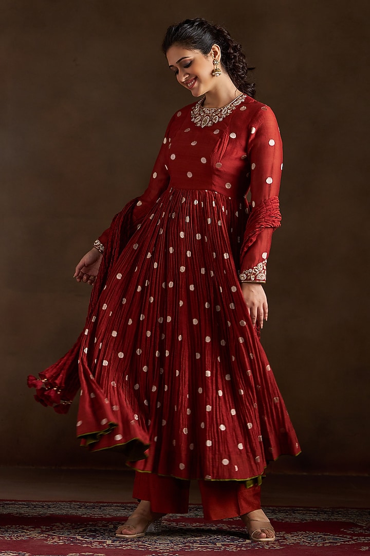 Rust Chanderi Sequins Embroidered Party Wear Anarkali Set by Almaari by Pooja Patel at Pernia's Pop Up Shop