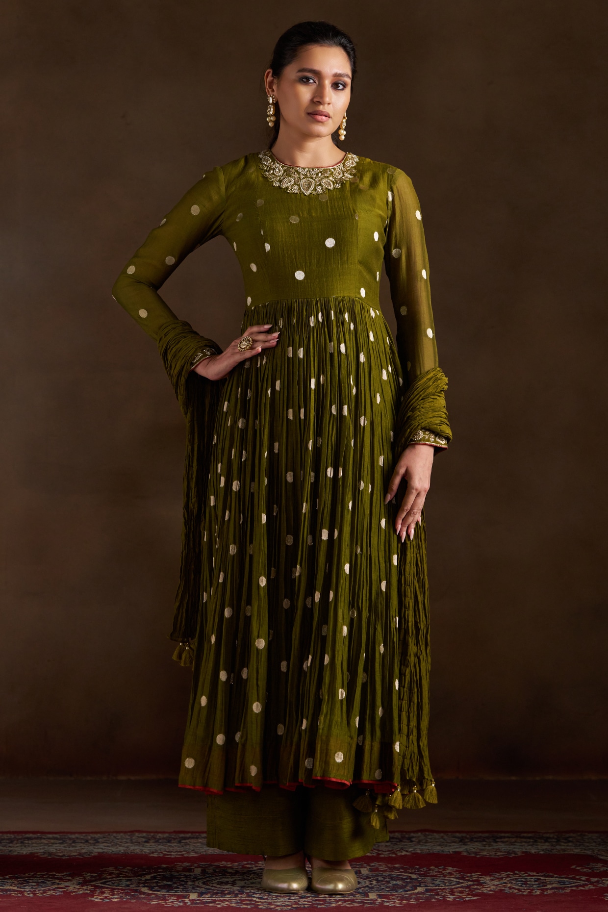 Almaari by Pooja Patel Olive Green Chanderi Sequins Embroidered Anarkali Set
