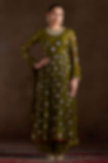 Olive Green Chanderi Sequins Embroidered Party Wear Anarkali Set by Almaari by Pooja Patel at Pernia's Pop Up Shop