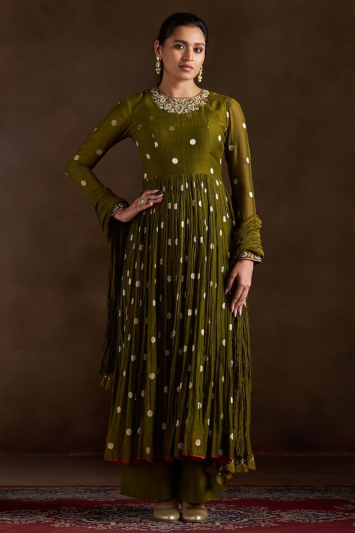 Olive Green Chanderi Sequins Embroidered Party Wear Anarkali Set by Almaari by Pooja Patel at Pernia's Pop Up Shop