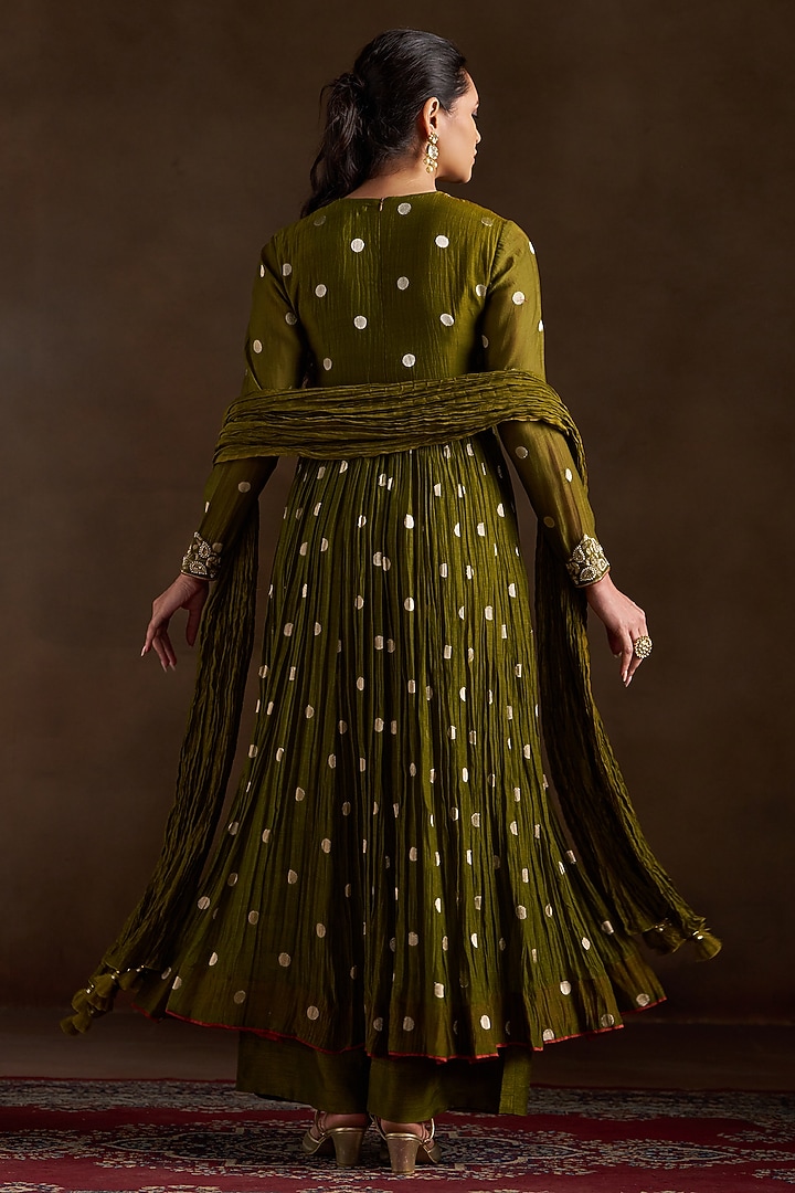 Olive Green Chanderi Sequins Embroidered Party Wear Anarkali Set by Almaari by Pooja Patel at Pernia's Pop Up Shop